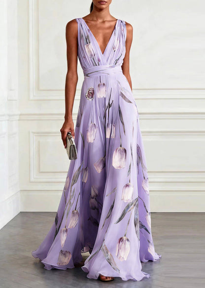 Organic Light Blue V Neck Print Chiffon Maxi Spaghetti Strap Dress Summer