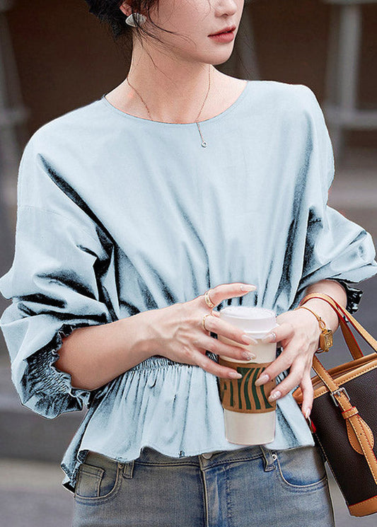 Organic Light Blue Wrinkled Elastic Waist Shirt Flare Sleeve
