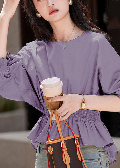 Organic Light Blue Wrinkled Elastic Waist Shirt Flare Sleeve