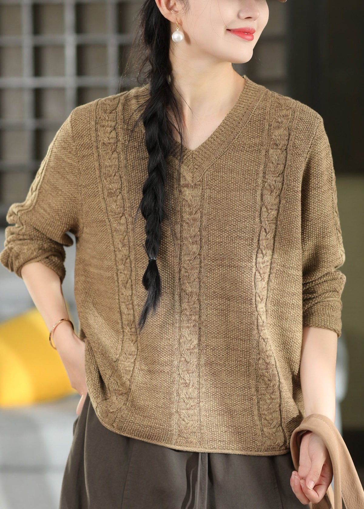 Organic Light Camel Oversized Cable Knit Short Sweater Winter