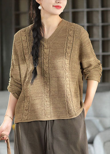 Organic Light Camel Oversized Cable Knit Short Sweater Winter