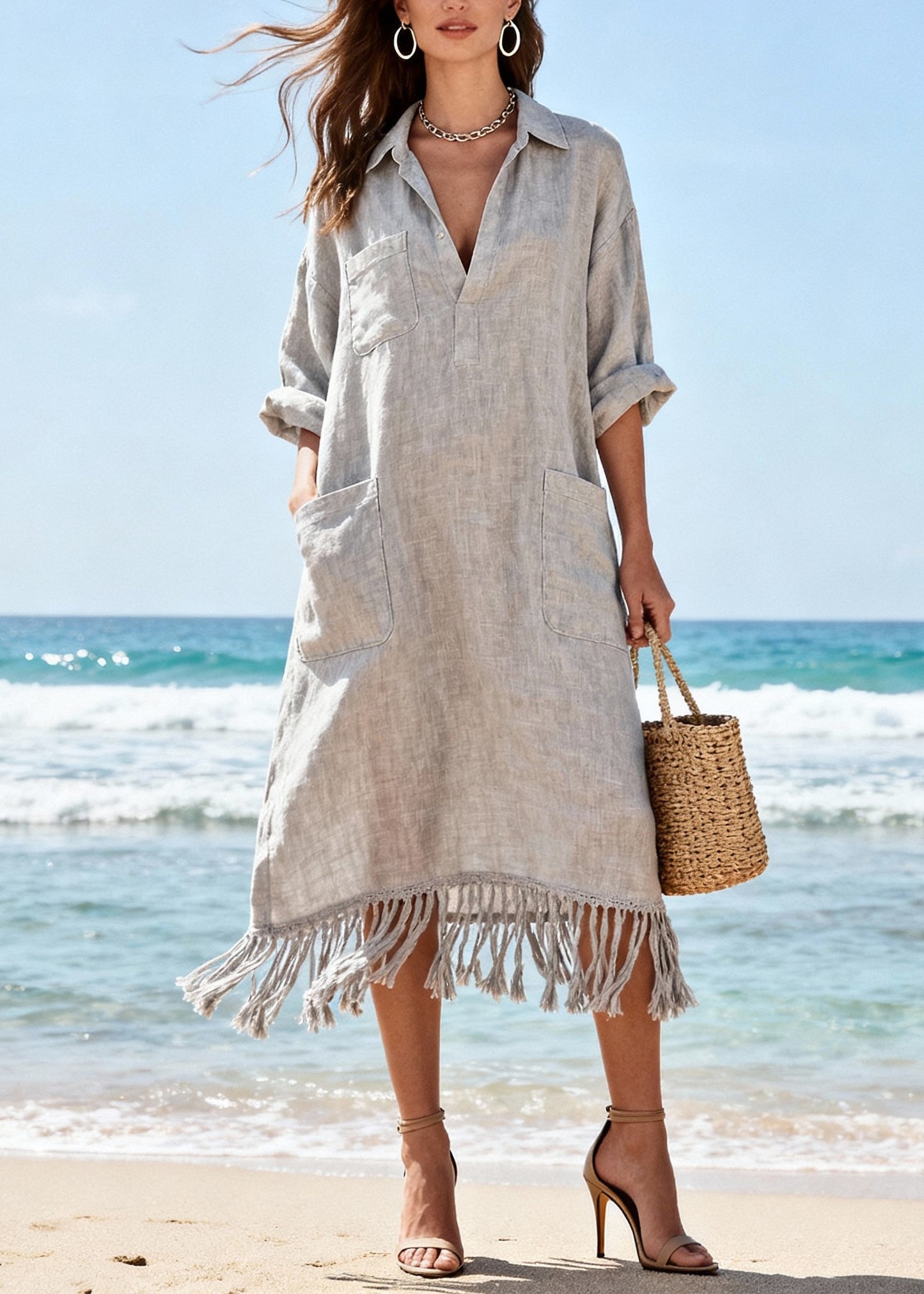 Organic Light Grey Tasseled Pockets Cotton Long Dress Spring