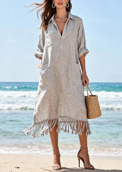 Organic Light Grey Tasseled Pockets Cotton Long Dress Spring