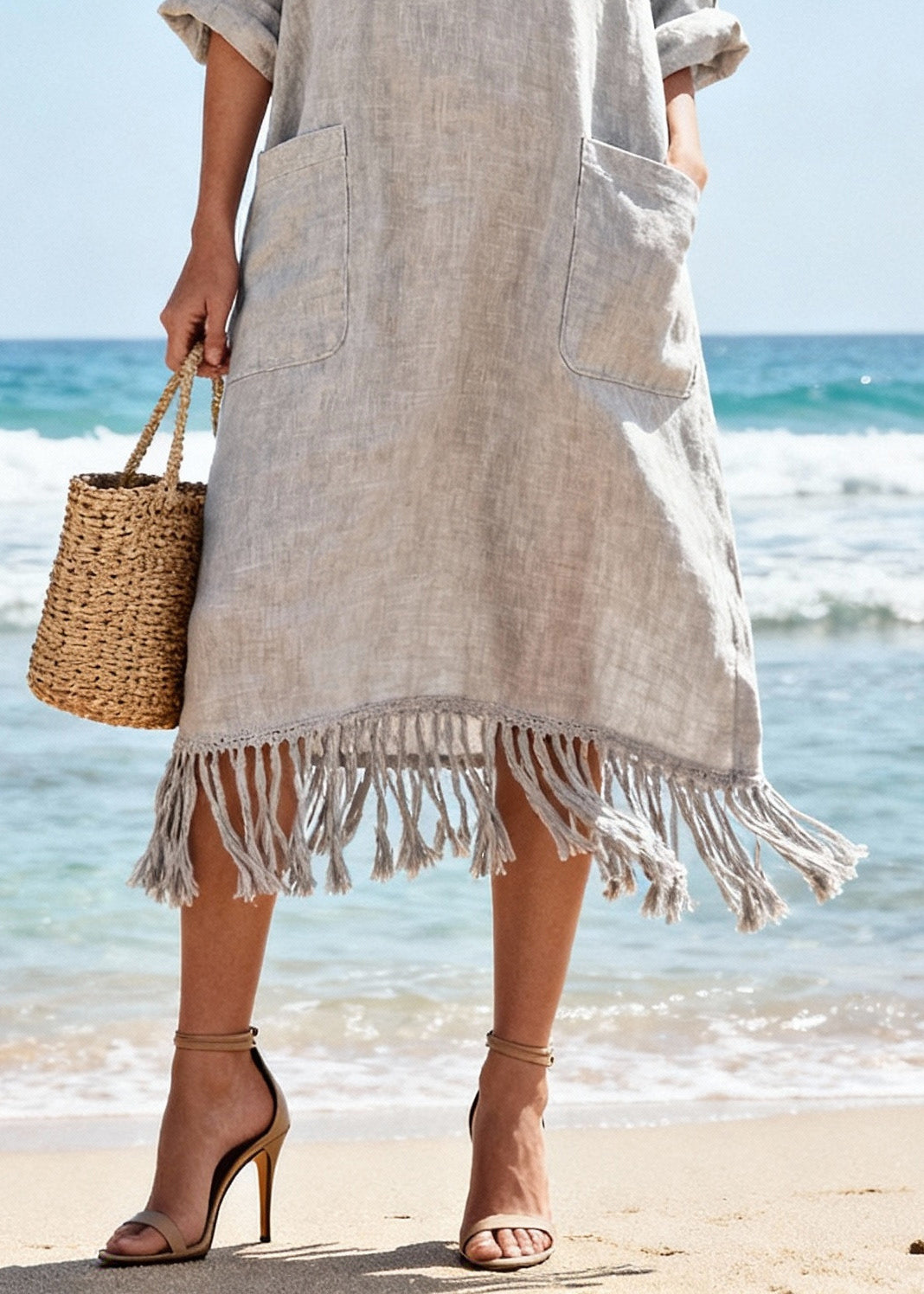 Organic Light Grey Tasseled Pockets Cotton Long Dress Spring