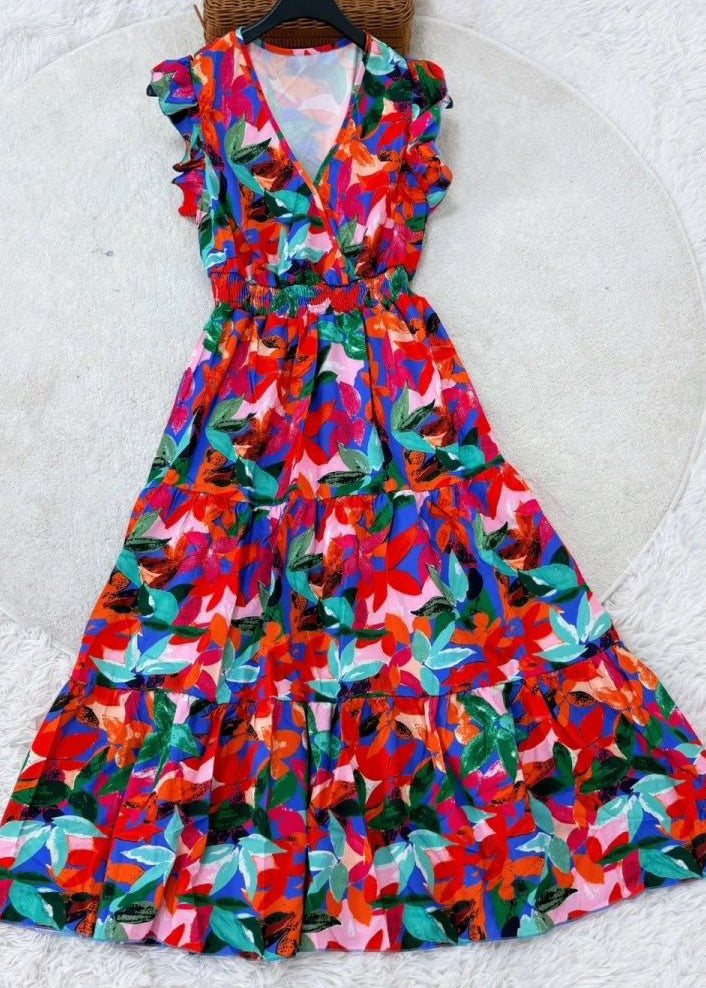 Organic Multi Ruffled Patchwork Maxi Dress Sleeveles