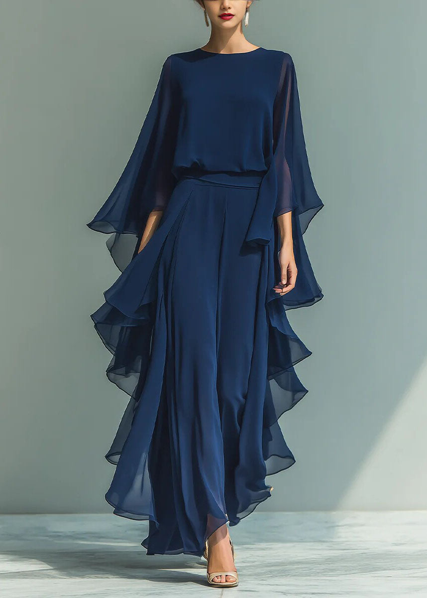 Organic Navy O Neck Ruffled Chiffon Two Pieces Set Summer