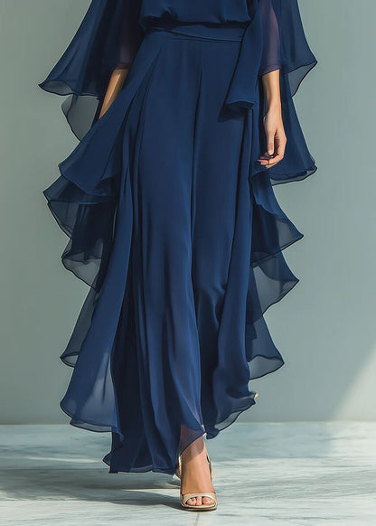 Organic Navy O Neck Ruffled Chiffon Two Pieces Set Summer