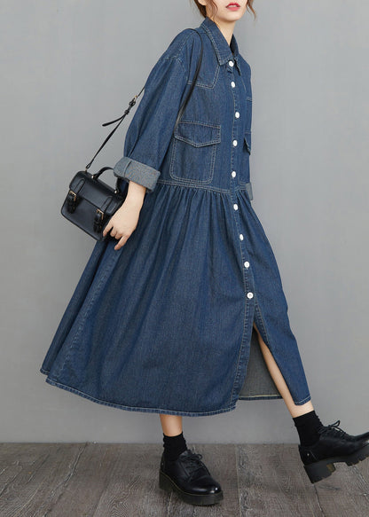 Organic Navy Oversized Patchwork Wrinkled Denim Vacation Dresses Spring