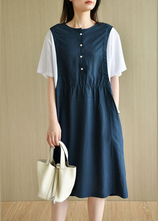 Organic Navy Patchwork Button Summer Short Sleeve Sundress - SooLinen
