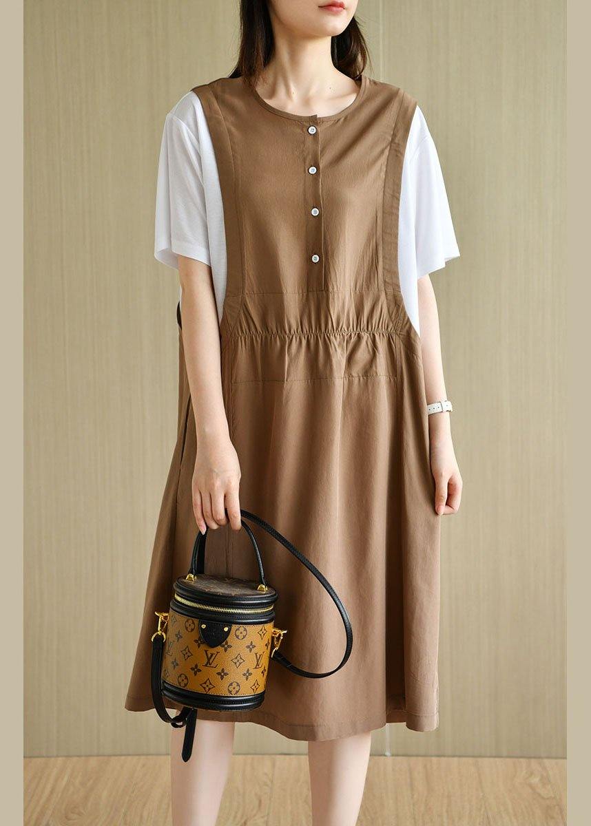 Organic Navy Patchwork Button Summer Short Sleeve Sundress - SooLinen