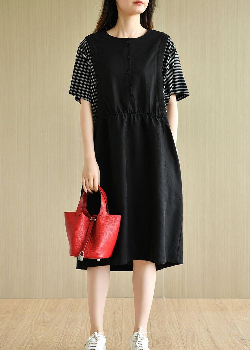 Organic Navy Patchwork Button Summer Short Sleeve Sundress - SooLinen