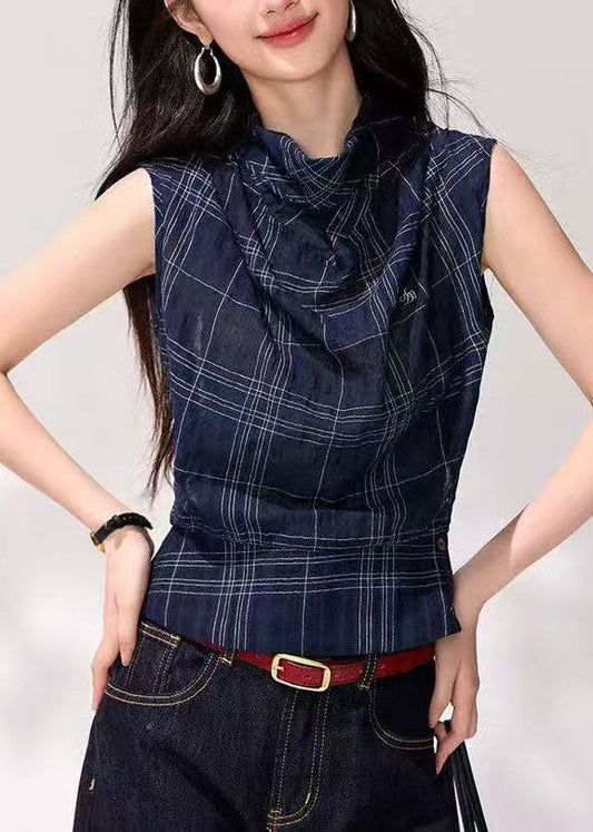 Organic Navy Plaid Cowl Neck Draping Tank Summer