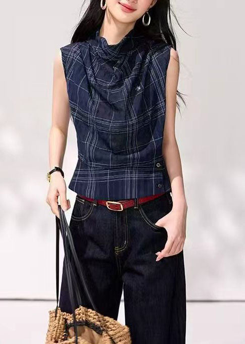 Organic Navy Plaid Cowl Neck Draping Tank Summer