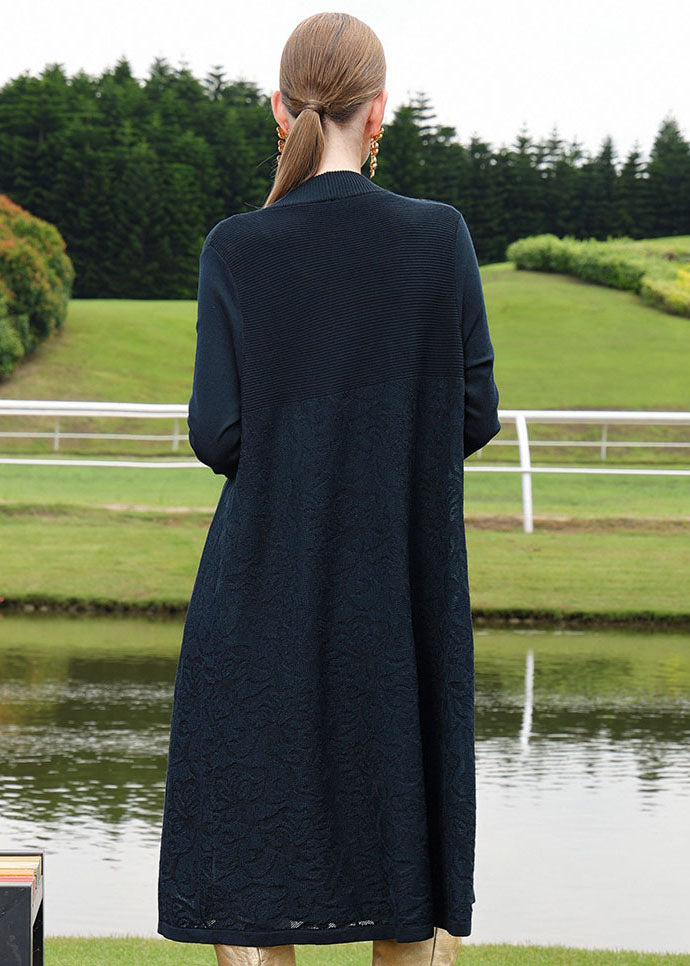 Organic Navy V Neck Patchwork Jacquard Wool Knit Cardigans Fall