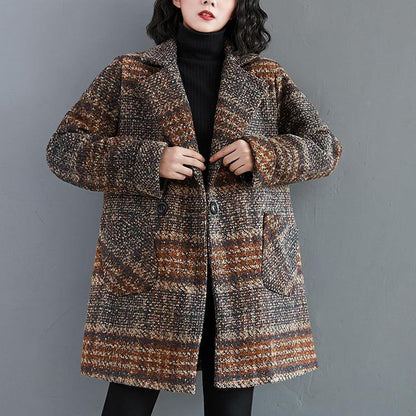 Organic Notched pockets Plus Size tunic pattern blue plaid Dresses jackets - SooLinen