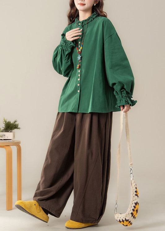 Organic O-Neck Button Shirts And Wide Leg Pants Two Pieces Set Lantern Sleeve