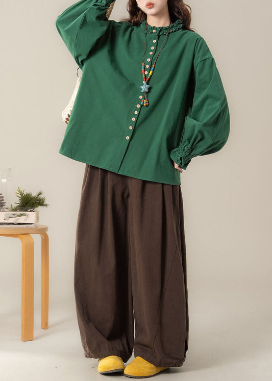 Organic O-Neck Button Shirts And Wide Leg Pants Two Pieces Set Lantern Sleeve