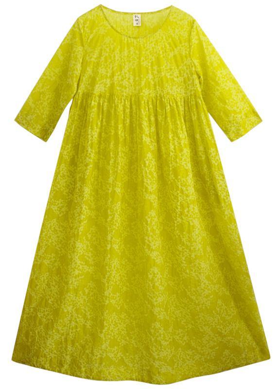 Organic O Neck Cinched Long Shirts Lnspiration Yellow Print Kaftan Dresses - SooLinen