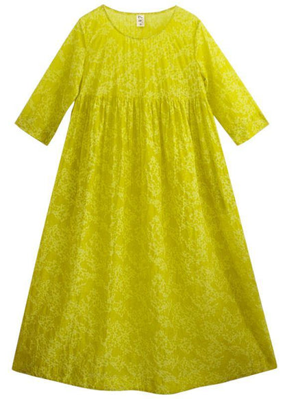 Organic O Neck Cinched Long Shirts Lnspiration Yellow Print Kaftan Dresses - SooLinen
