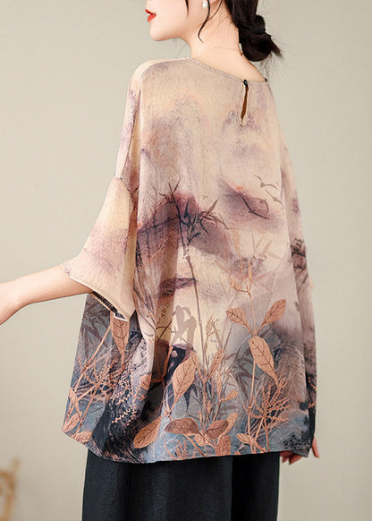 Organic O Neck Print Cotton T Shirt Batwing Sleeve
