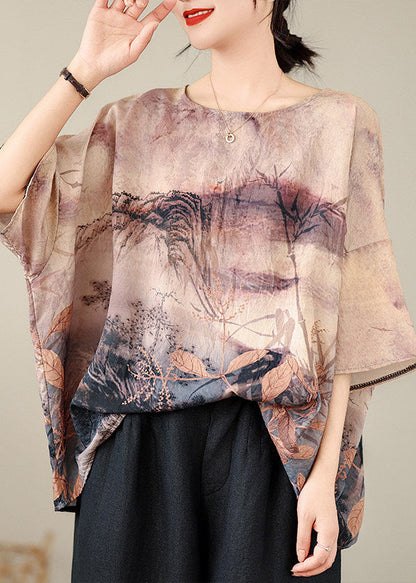Organic O Neck Print Cotton T Shirt Batwing Sleeve
