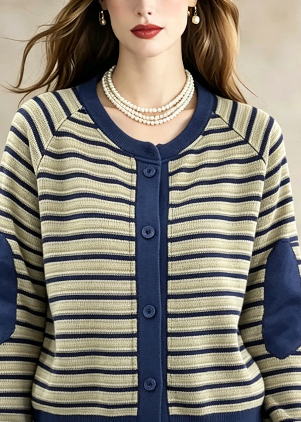 Organic O-Neck Striped Patchwork Button Coat Long Sleeve