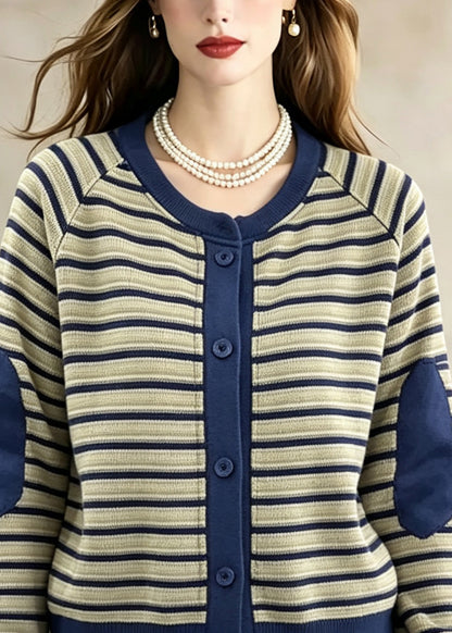 Organic O-Neck Striped Patchwork Button Coat Long Sleeve