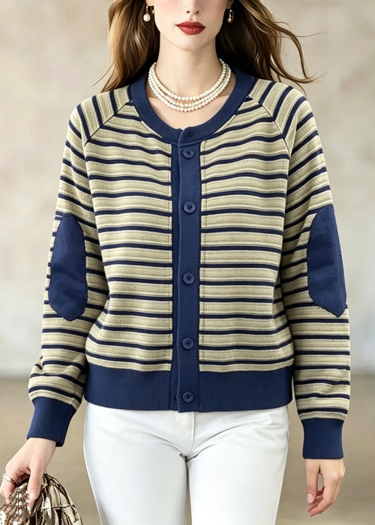 Organic O-Neck Striped Patchwork Button Coat Long Sleeve