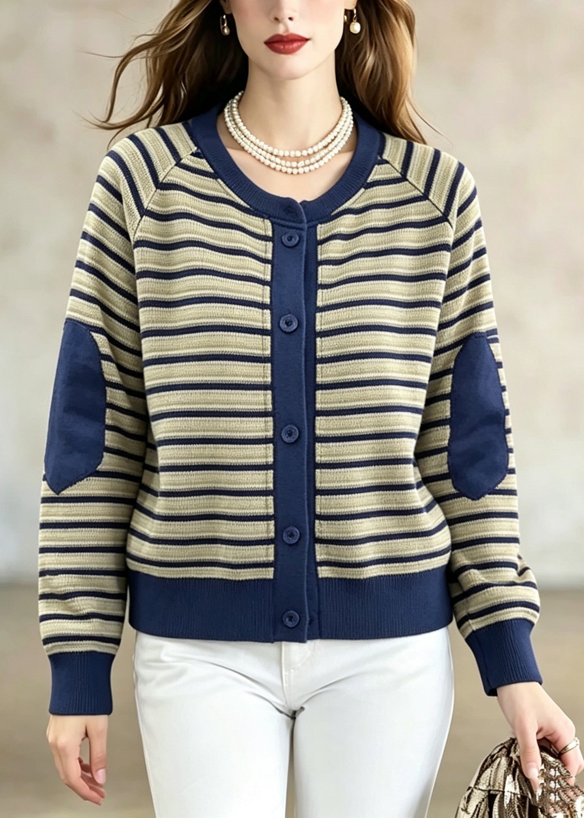 Organic O-Neck Striped Patchwork Button Coat Long Sleeve