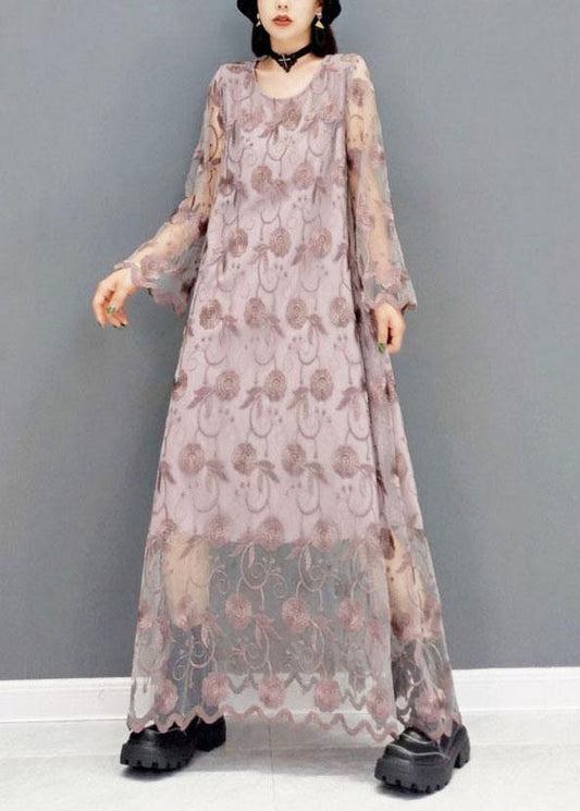 Organic Orange Fashion O-Neck Long Sleeve Lace Fall Dress - SooLinen