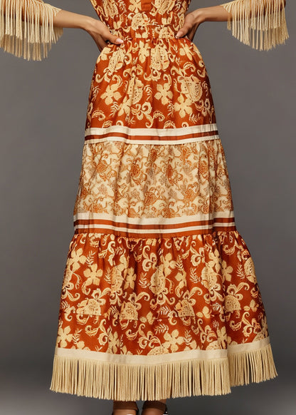 Organic Orange Print Tasseled Patchwork Cotton Long Dresses Summer