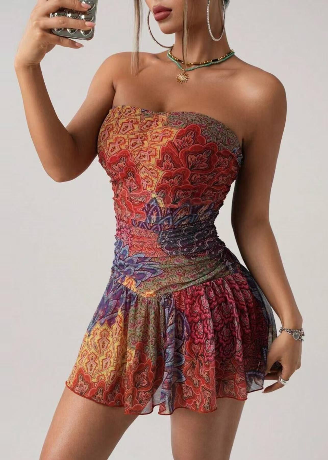 Organic Orange Strapless Print Chiffon Mini Dress Summer