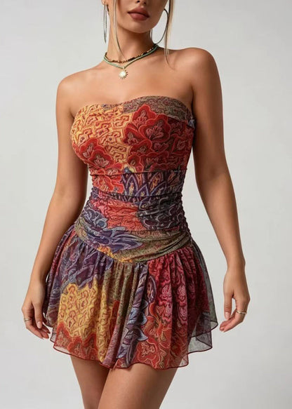 Organic Orange Strapless Print Chiffon Mini Dress Summer