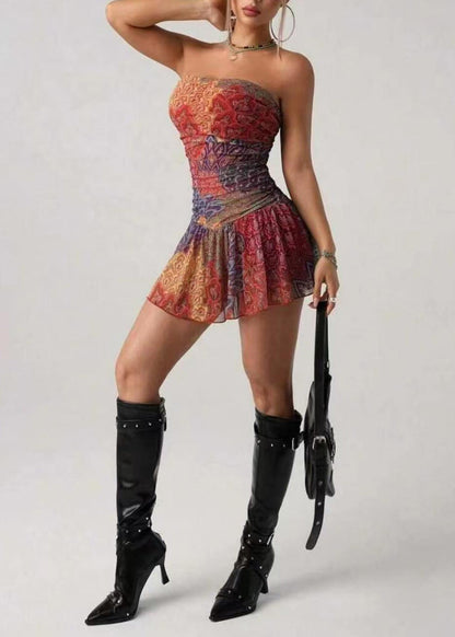 Organic Orange Strapless Print Chiffon Mini Dress Summer