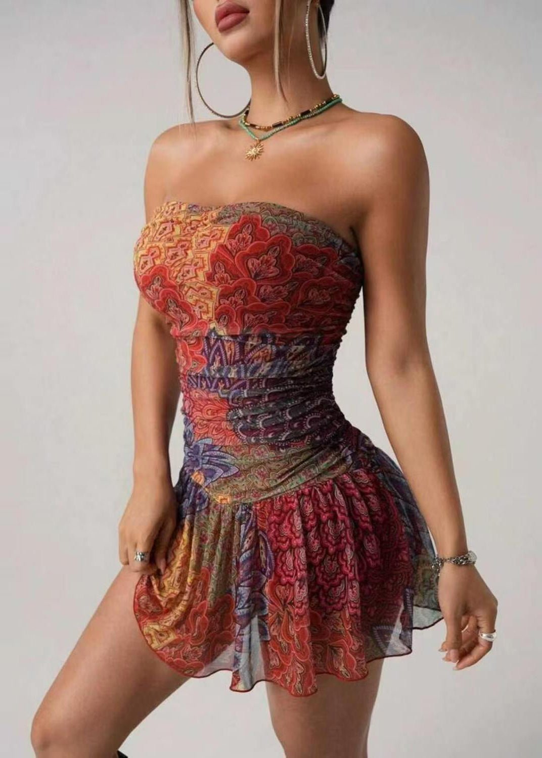 Organic Orange Strapless Print Chiffon Mini Dress Summer