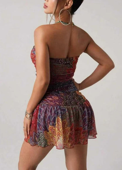 Organic Orange Strapless Print Chiffon Mini Dress Summer