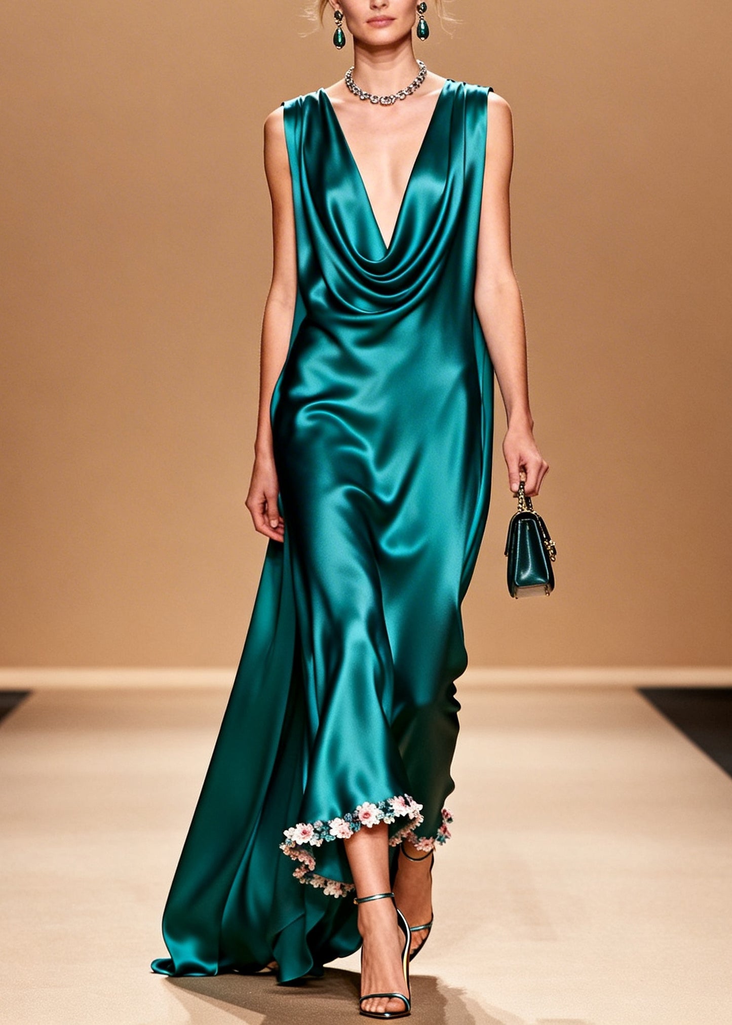 Organic Peacock Green Turtle Neck Floral Silk Maxi Dress Summer