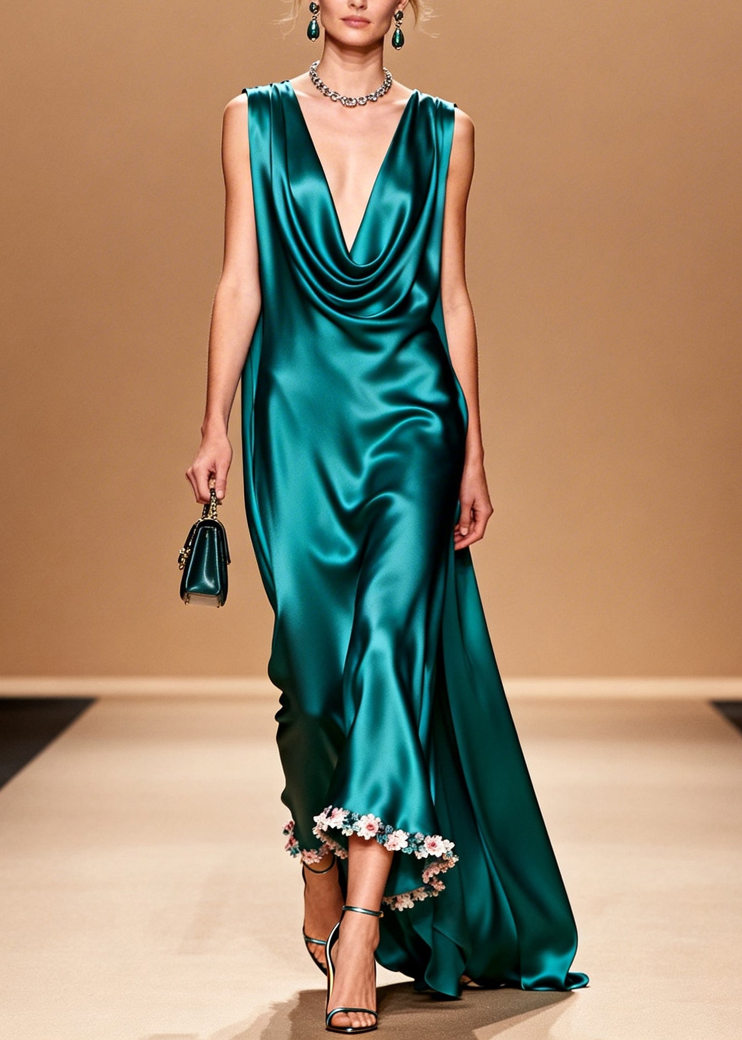 Organic Peacock Green Turtle Neck Floral Silk Maxi Dress Summer