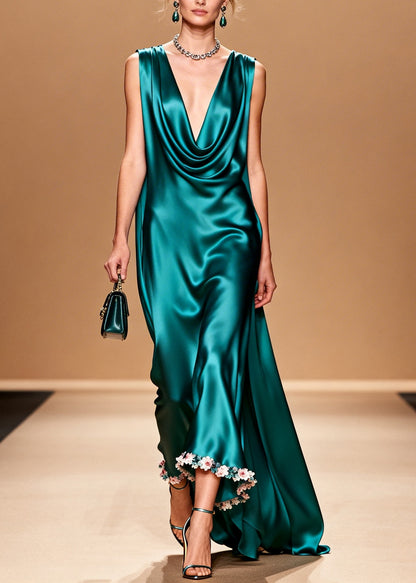Organic Peacock Green Turtle Neck Floral Silk Maxi Dress Summer