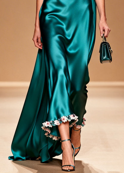Organic Peacock Green Turtle Neck Floral Silk Maxi Dress Summer
