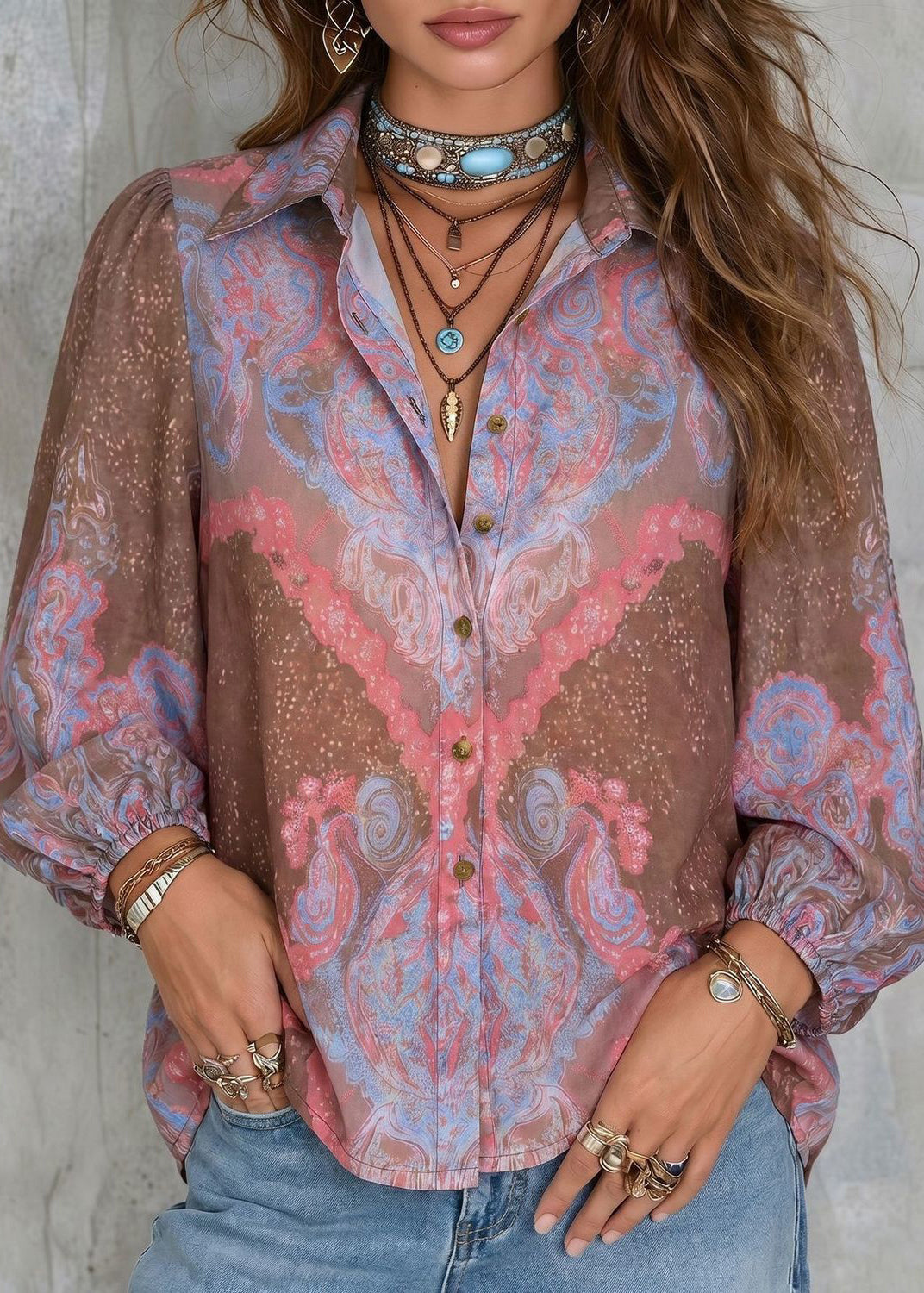 Organic Peter Pan Collar Print Button Shirt Fall
