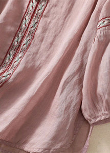 Organic Pink Embroidered Patchwork Cotton Shirt Tops Bracelet Sleeve