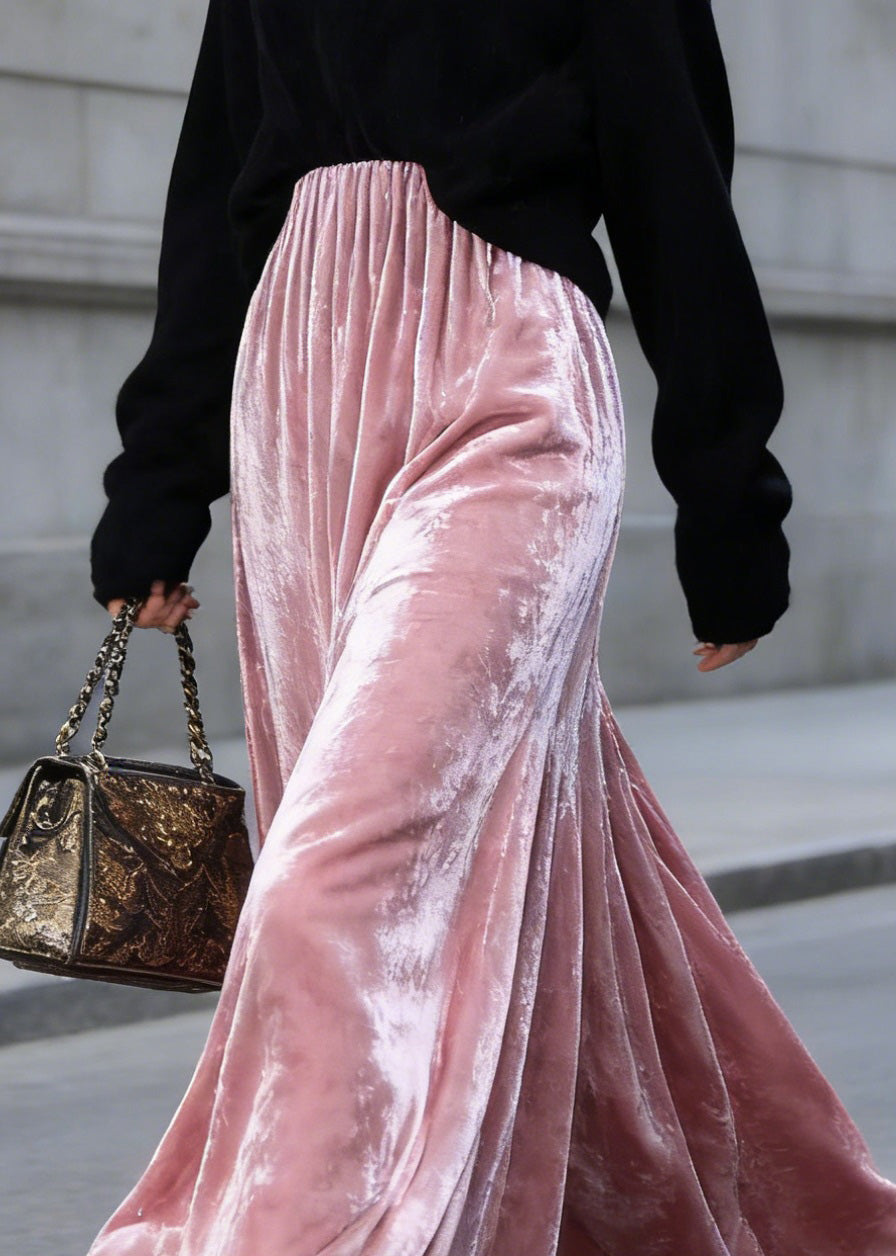 Organic Pink High Waist Wrinkled Velvet Skirts Spring