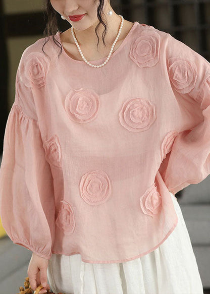 Organic Pink O Neck Floral Linen Shirt Lantern Sleeve