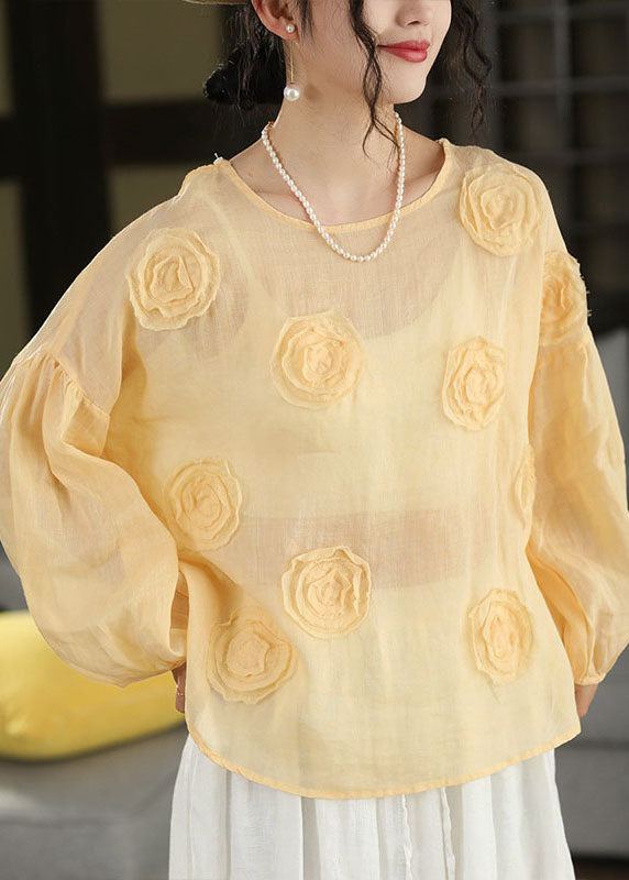 Organic Pink O Neck Floral Linen Shirt Lantern Sleeve