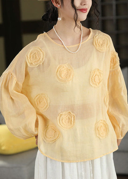 Organic Pink O Neck Floral Linen Shirt Lantern Sleeve