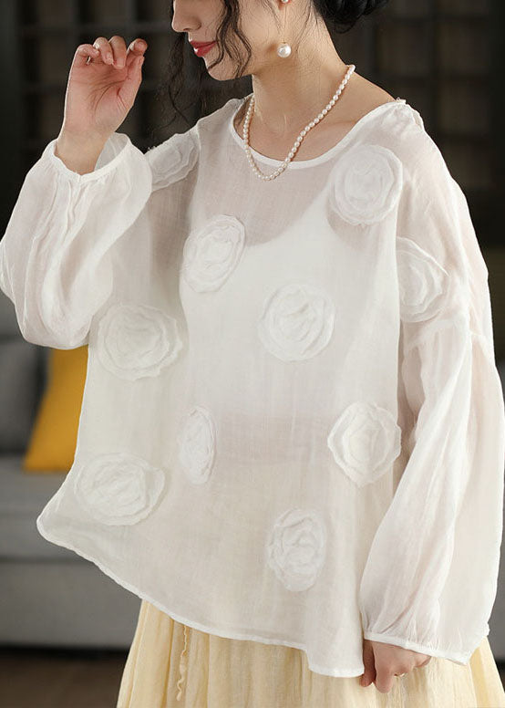 Organic Pink O Neck Floral Linen Shirt Lantern Sleeve