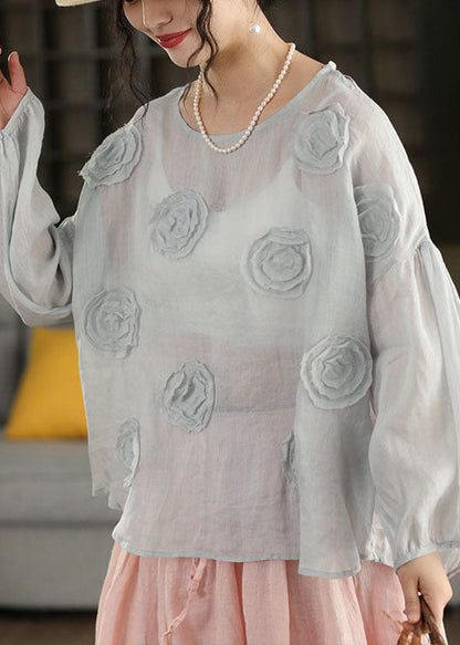 Organic Pink O Neck Floral Linen Shirt Lantern Sleeve