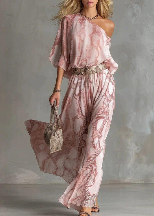 Organic Pink One Shoulder Asymmetrical Print Jumpsuit Flare Sleeve
