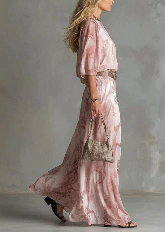 Organic Pink One Shoulder Asymmetrical Print Jumpsuit Flare Sleeve